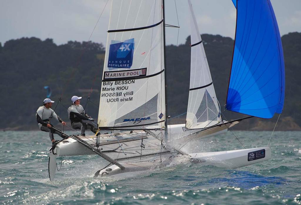 Nacra 17, Billy Besson and Marie Riou - 2014 ISAF Sailing World Cup Hyeres, Day 1 © Yvan Zedda http://www.zedda.com.